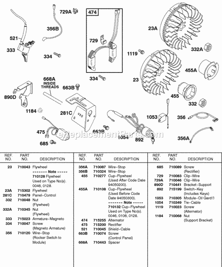 Alternator Flywheel Ignition Diagram and Parts List for 115432-0029-01  Briggs and Stratton Engine